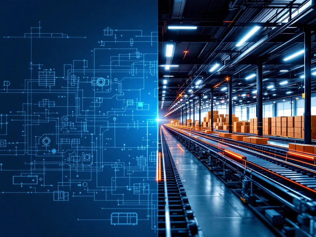 Technische tekeningen en blauwdrukken die overgaan in moderne logistieke magazijn met geautomatiseerde transportsystemen