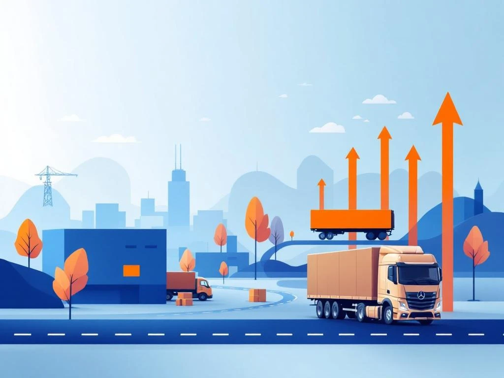 Minimalistisch logistiek carrièrepad met magazijn silhouetten, vrachtwagens en opwaartse pijlen in donkerblauw en oranje