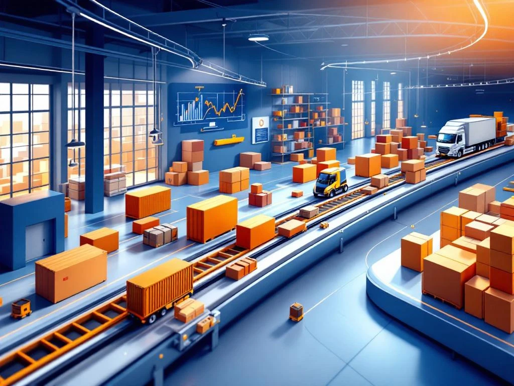 Moderne logistieke magazijnruimte met transportbanden, containers en voertuigen in blauw-oranje kleurenschema