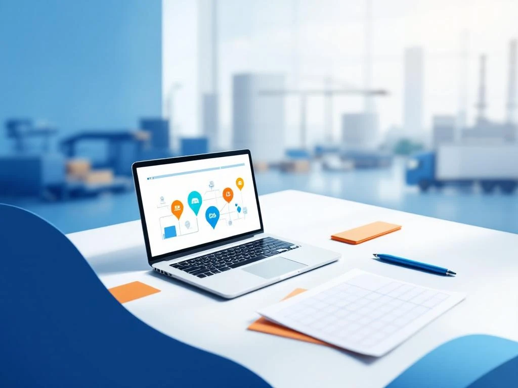 Moderne laptop met logistieke pictogrammen op witte bureau met documenten en pen, blauwe en oranje accenten