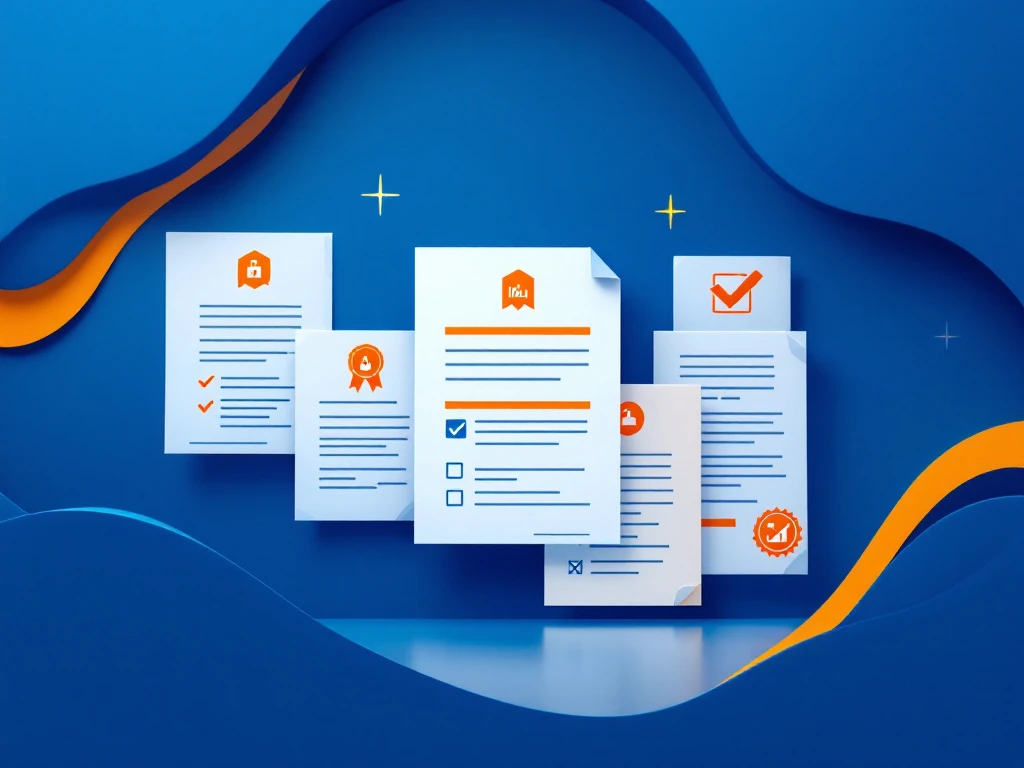 Certificeringsbadges voor heftruckchauffeur en logistieke kwalificaties gerangschikt op blauw-witte gradiënt achtergrond