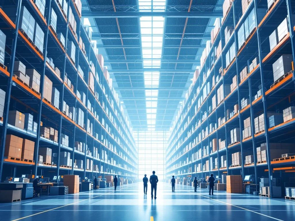 Moderne logistieke magazijn met hoge stellingen, transportbanden en geautomatiseerde apparatuur in blauw en oranje