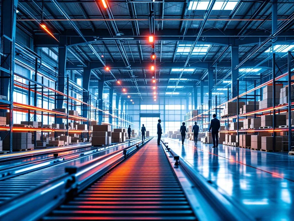 Moderne logistieke magazijn van AXS Logistiek met blauwe stellingen, oranje verlichting en werkende professionals