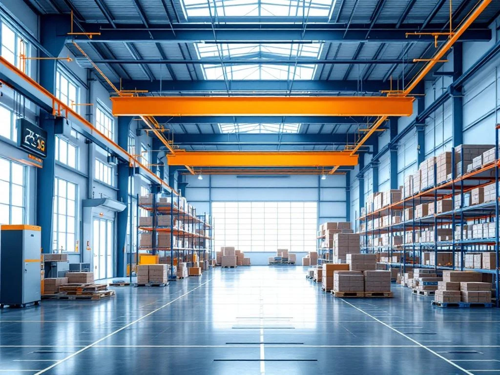 Moderne magazijn met blauwe structurele elementen en oranje accenten, georganiseerde stellingen en transportbanden voor logistiek
