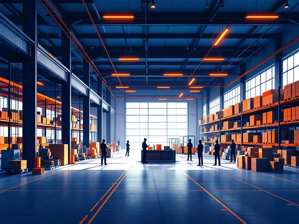 Moderne logistieke magazijn met blauwe structuren, oranje verlichting, transportbanden en werknemers die samenwerken