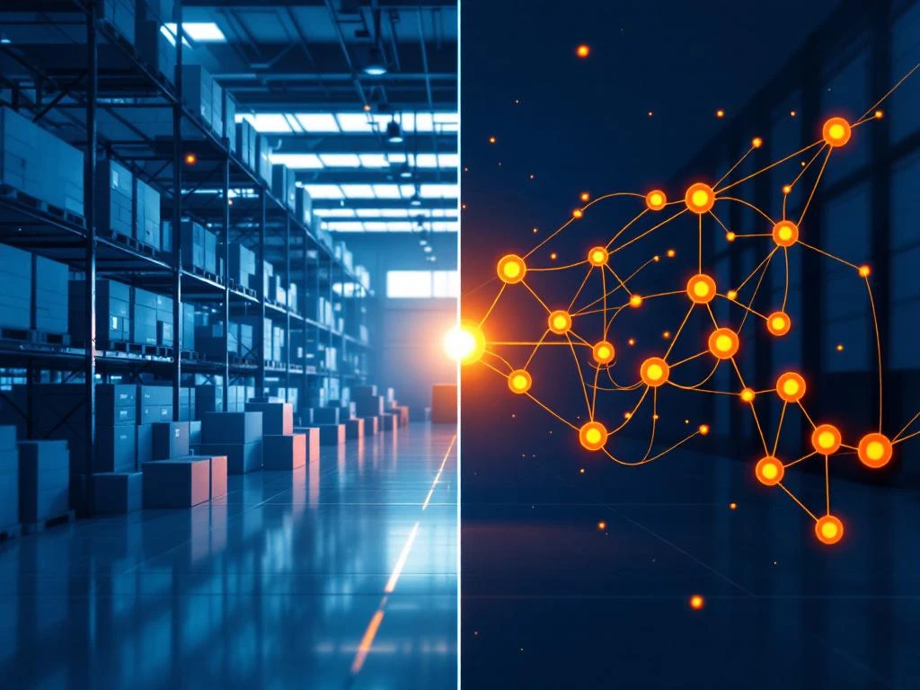 Gesplitst scherm met donkerblauwe logistieke magazijn links en oranje toeleveringsketendiagram rechts, verbonden door vloeiende lijnen