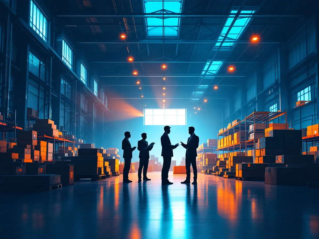 Moderne logistiek magazijn met transportbanden, opslagrekken en professionals die documenten bekijken in industriële setting