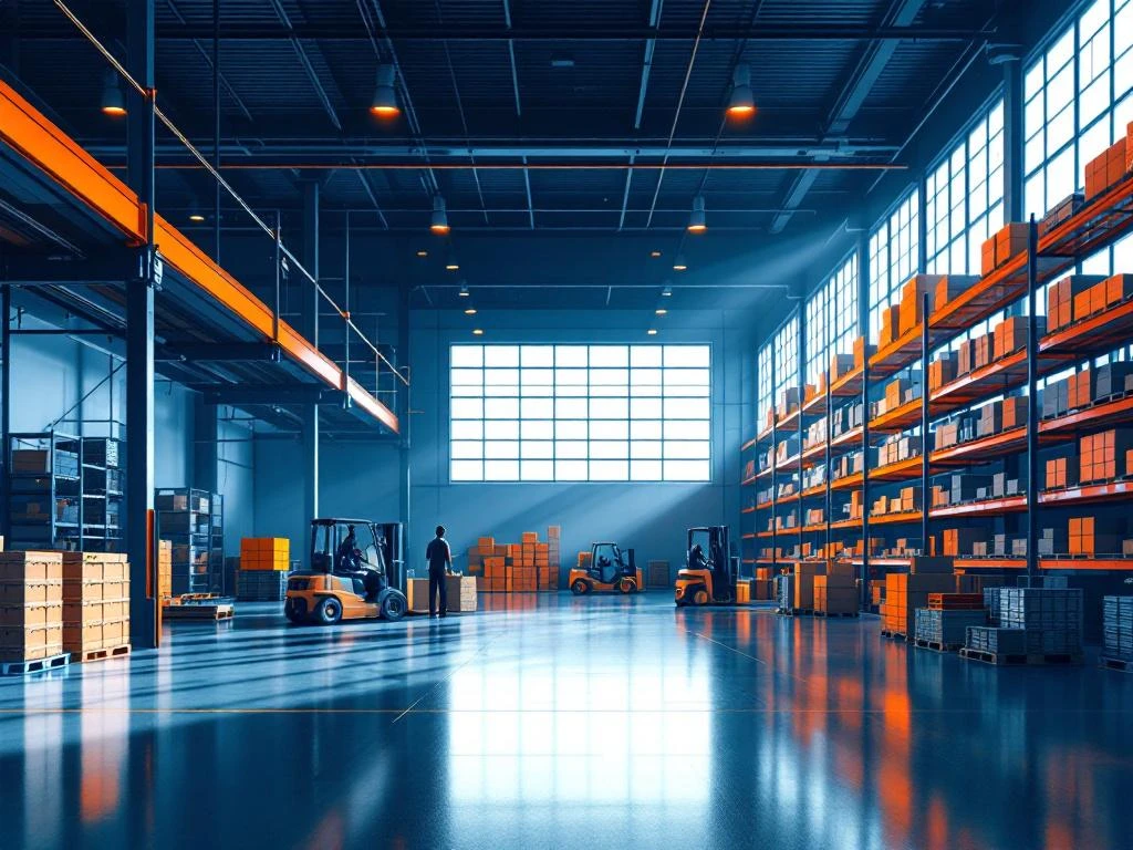 Moderne magazijn met heftrucks, opslag stellingen en transportbanden in industrieel interieur met oranje accentverlichting