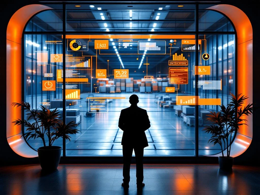 Logistiek manager overziet moderne magazijnoperatie door ramen in professioneel kantoor met supply chain data displays