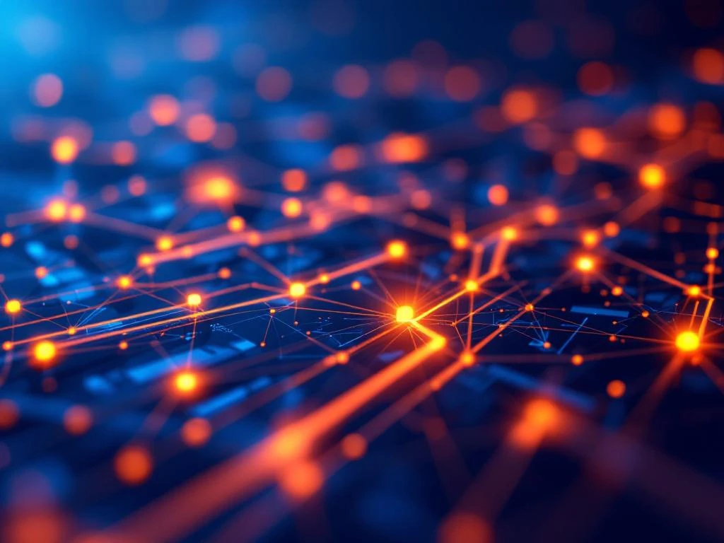Visualisatie van toeleveringsketen met verbonden geometrische knopen en oranje datalijnen in industriële omgeving