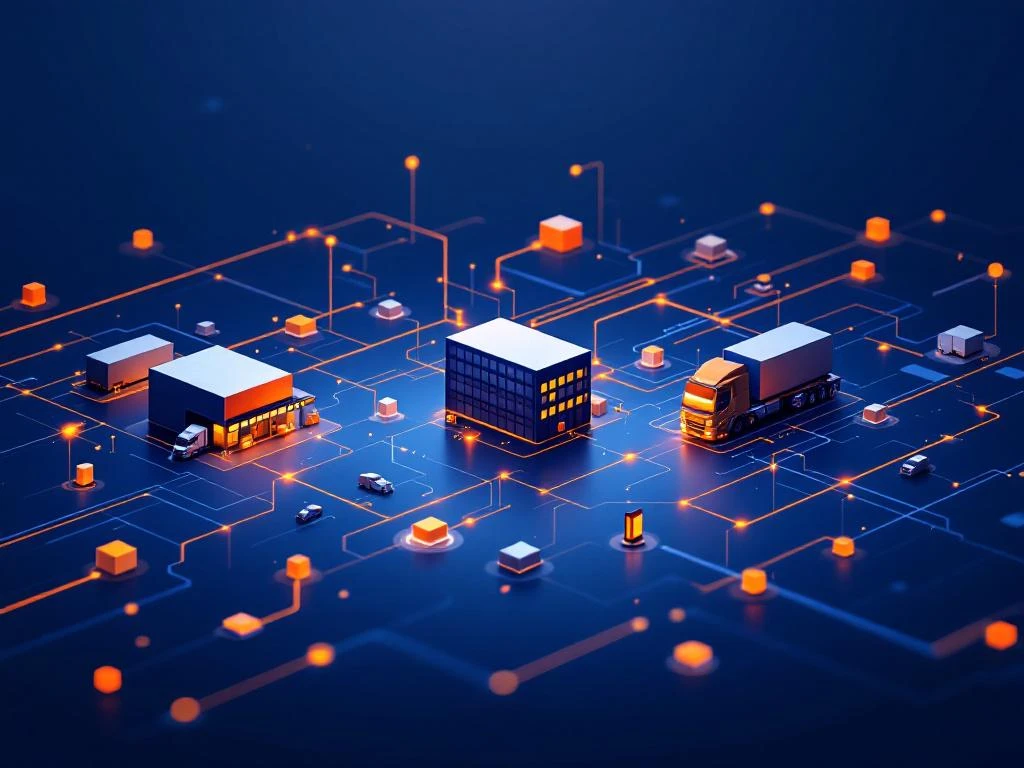 Moderne supply chain visualisatie met verbonden knooppunten, magazijnen en transportpictogrammen in blauw en oranje