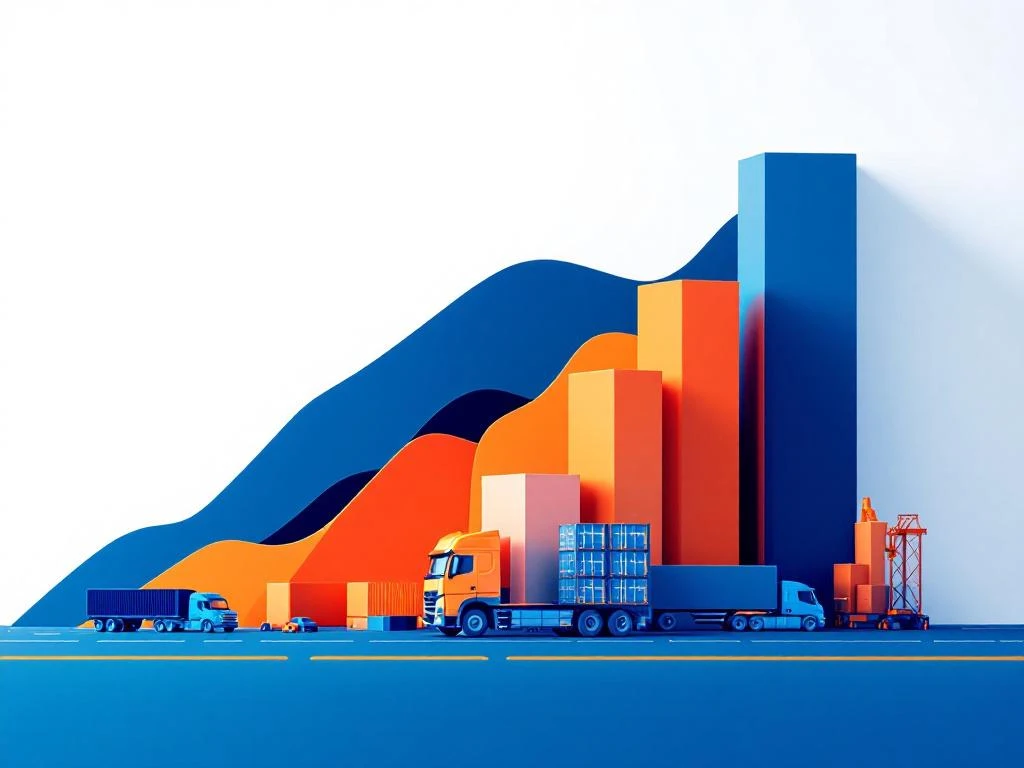Grafiek toont stijgende salarissen in logistiek sector met magazijn- en transporticonen in blauw en oranje kleuren