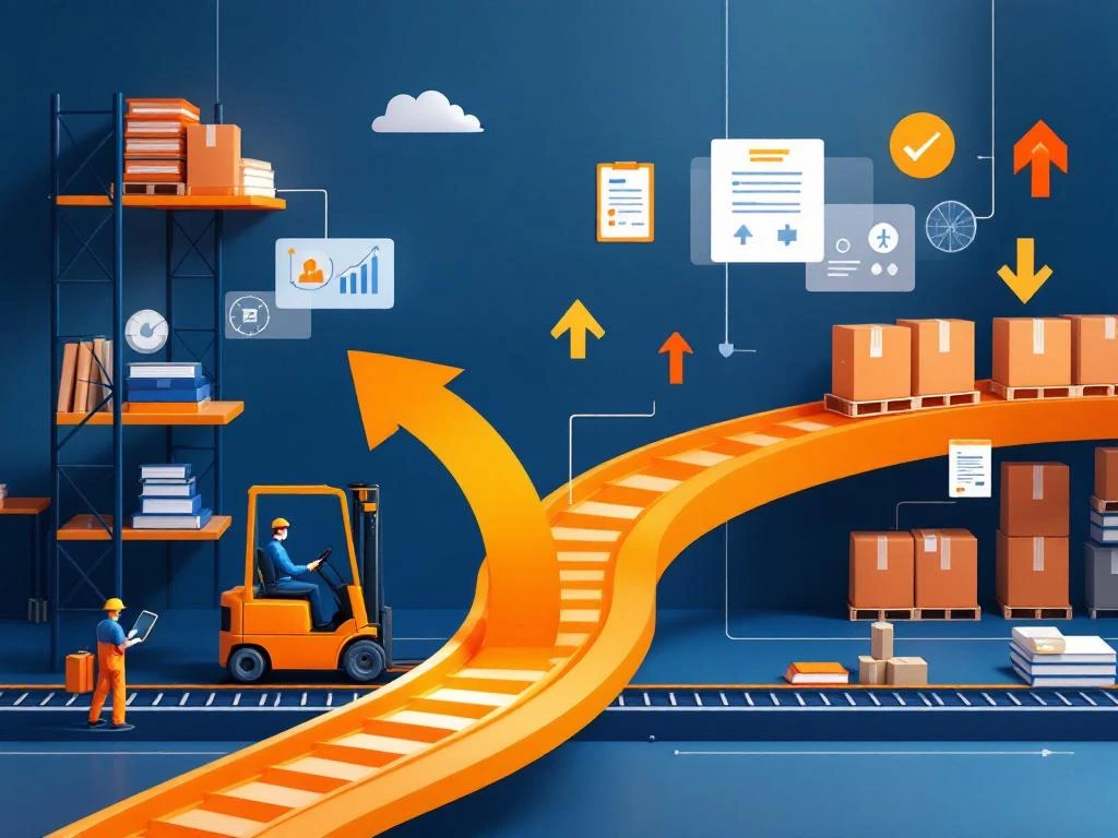 Logistieke training scène met magazijnrekken, transportbanden en educatieve materialen in minimalistische stijl