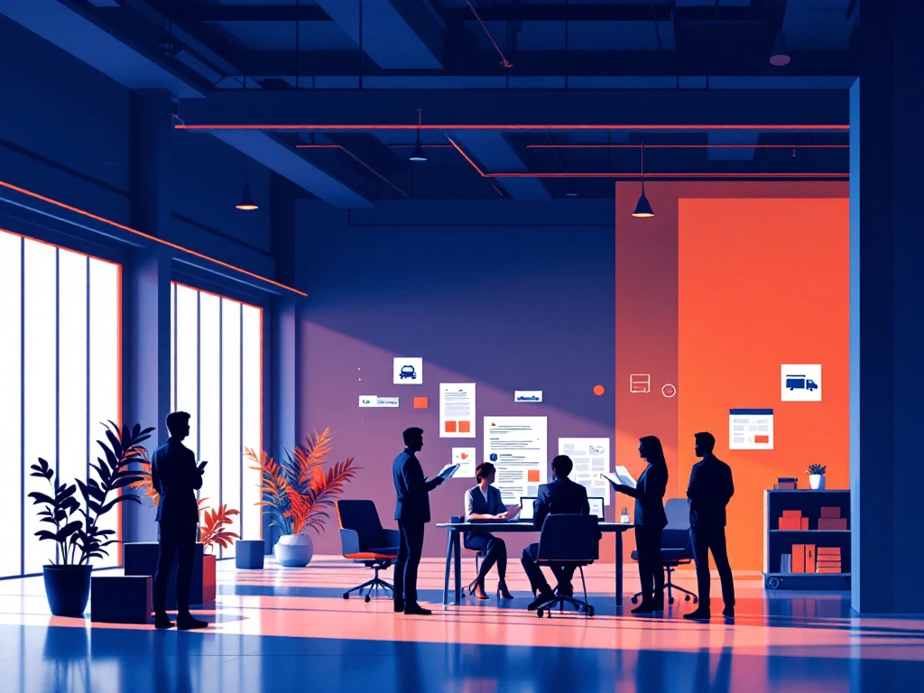 Moderne logistieke werkruimte met professionals die documenten bekijken in strak warehouse interieur met oranje accenten