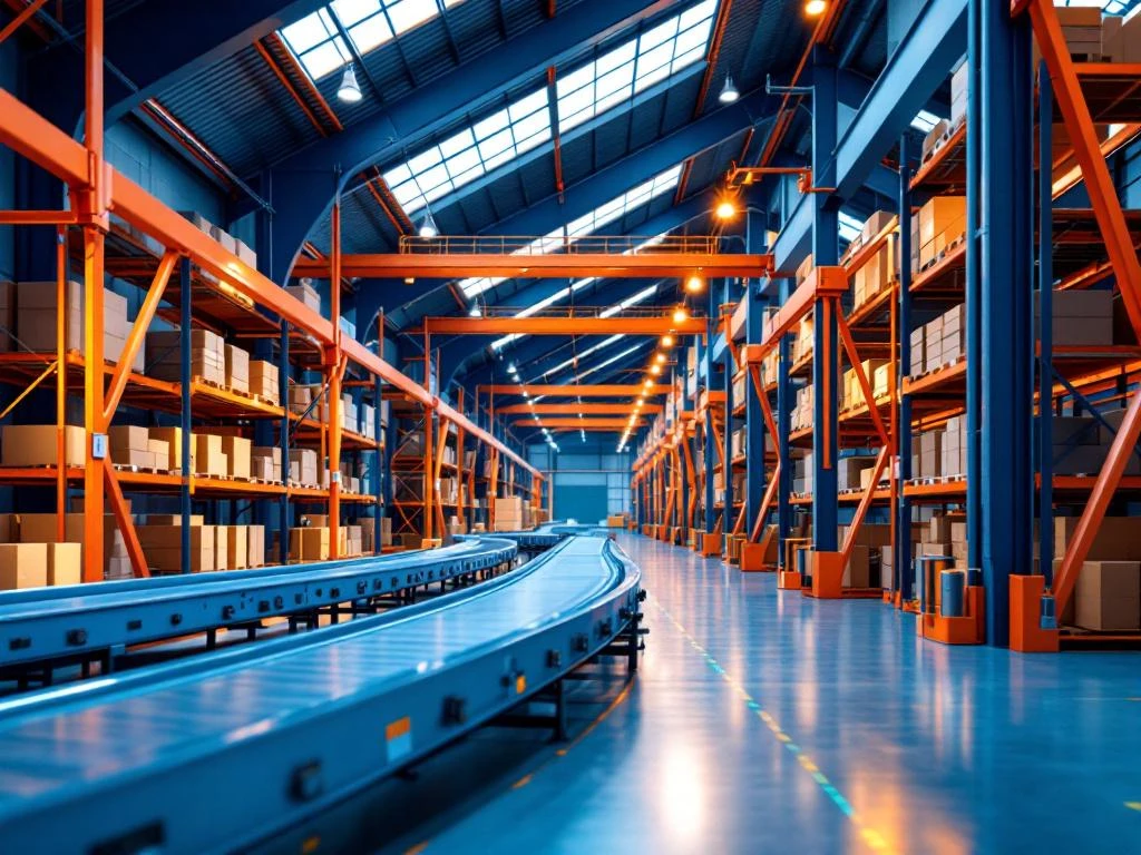 Moderne magazijn met georganiseerde opslagsystemen, transportbanden en oranje veiligheidsapparatuur onder natuurlijk licht