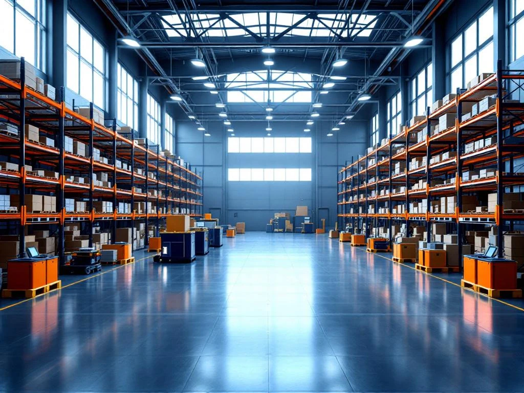 Modern magazijn interieur met georganiseerde stellingen, transportbanden en logistieke apparatuur in blauw-oranje design