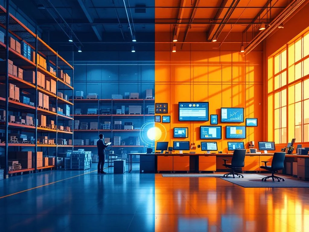 Moderne magazijn met voorraadmedewerker links en logistiek controlecentrum rechts, blauw-oranje kleurschema