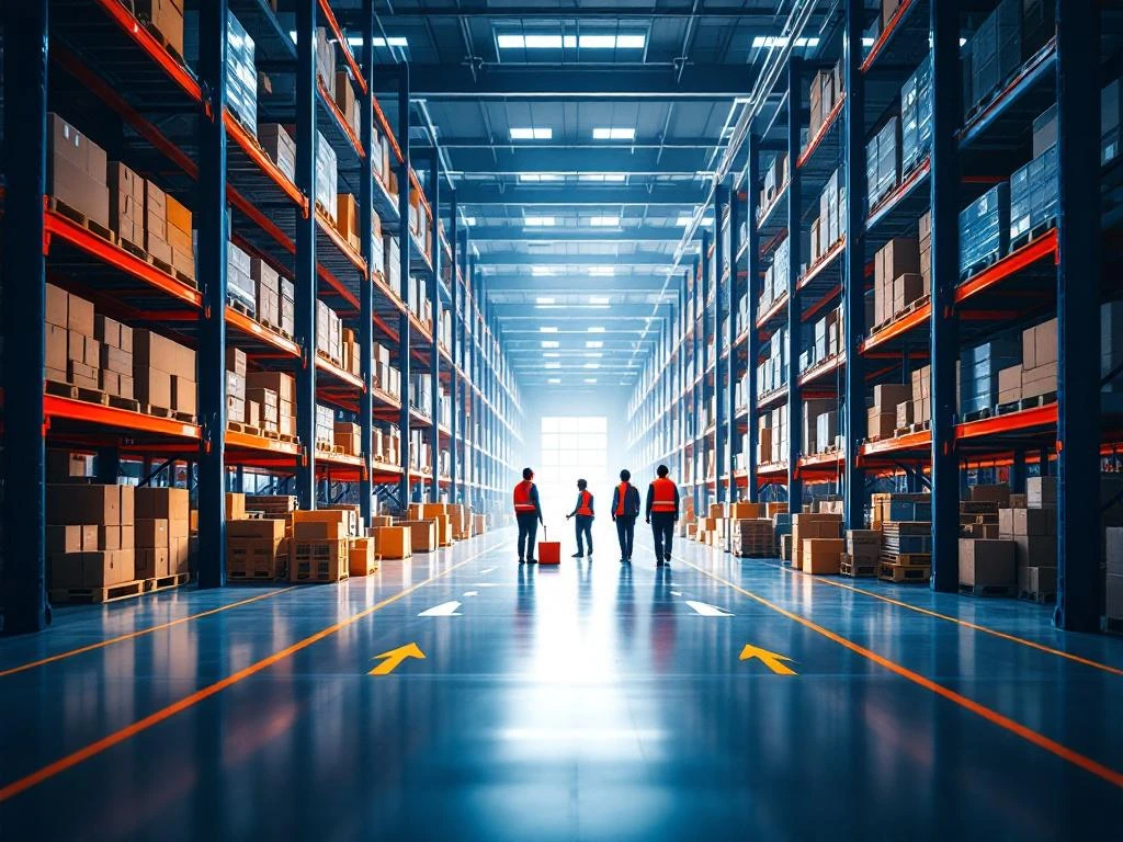 Moderne magazijn met geometrische stellingsystemen, arbeiders in veiligheidsvesten tussen georganiseerde voorraad