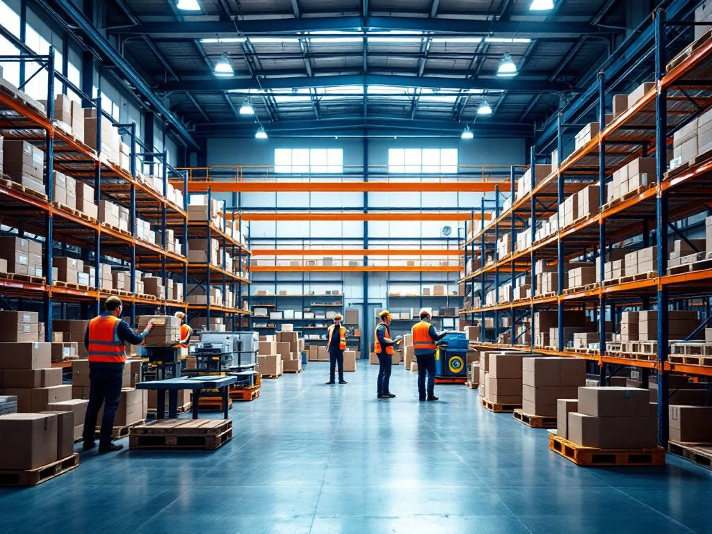 Moderne magazijnmedewerkers in veiligheidsvesten werken samen bij logistieke apparatuur en georganiseerde stellingsystemen