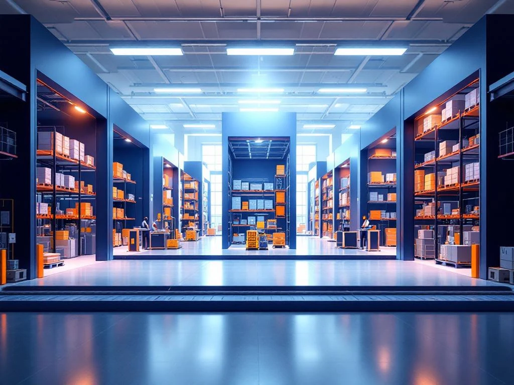 Moderne magazijnindeling met vijf operationele zones, georganiseerde stellingsystemen en transportbanden in blauw-oranje design