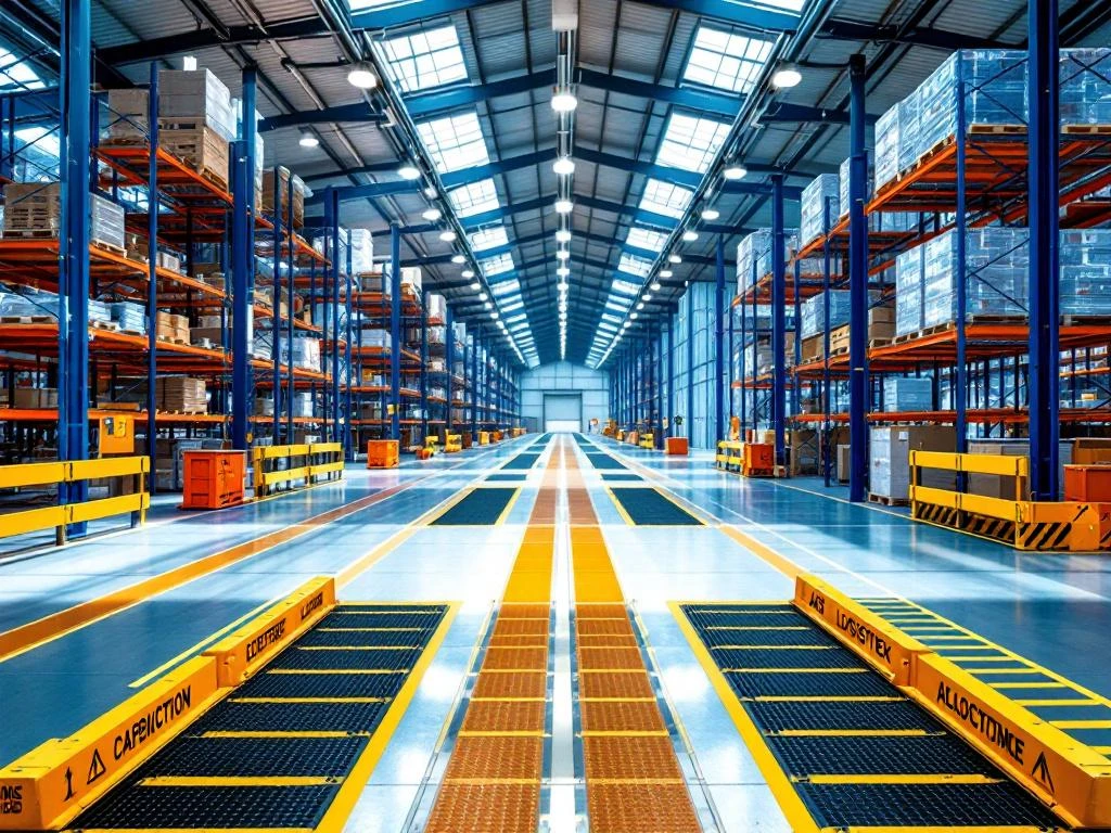 Moderne magazijn met veiligheidsequipment, oranje helmen en hesjes, blauwe barrières en georganiseerde opslagrekken