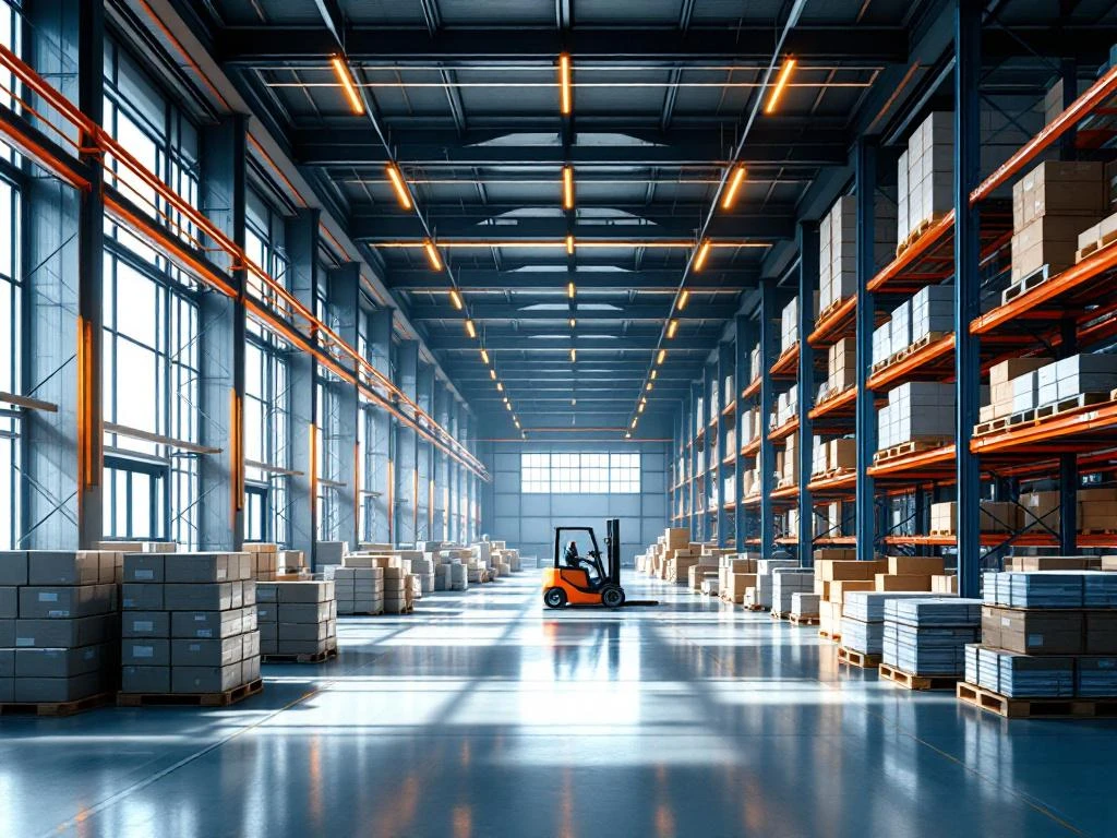 Moderne logistieke magazijn met hoge stellingen, georganiseerde containers, vorkheftruck en AXS Logistiek huisstijl elementen