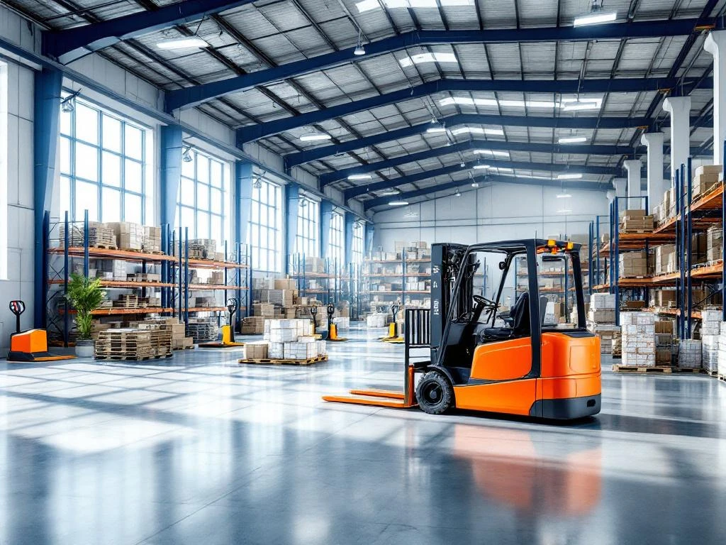 Oranje heftruck in moderne magazijn met blauwe stellingssystemen en logistieke apparatuur in industriële omgeving