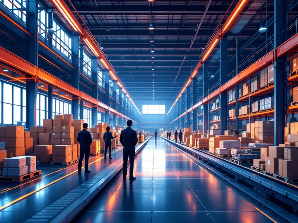 Moderne magazijn met geautomatiseerde opslagsystemen, blauwe structuren, oranje transportbanden en team bij digitale displays