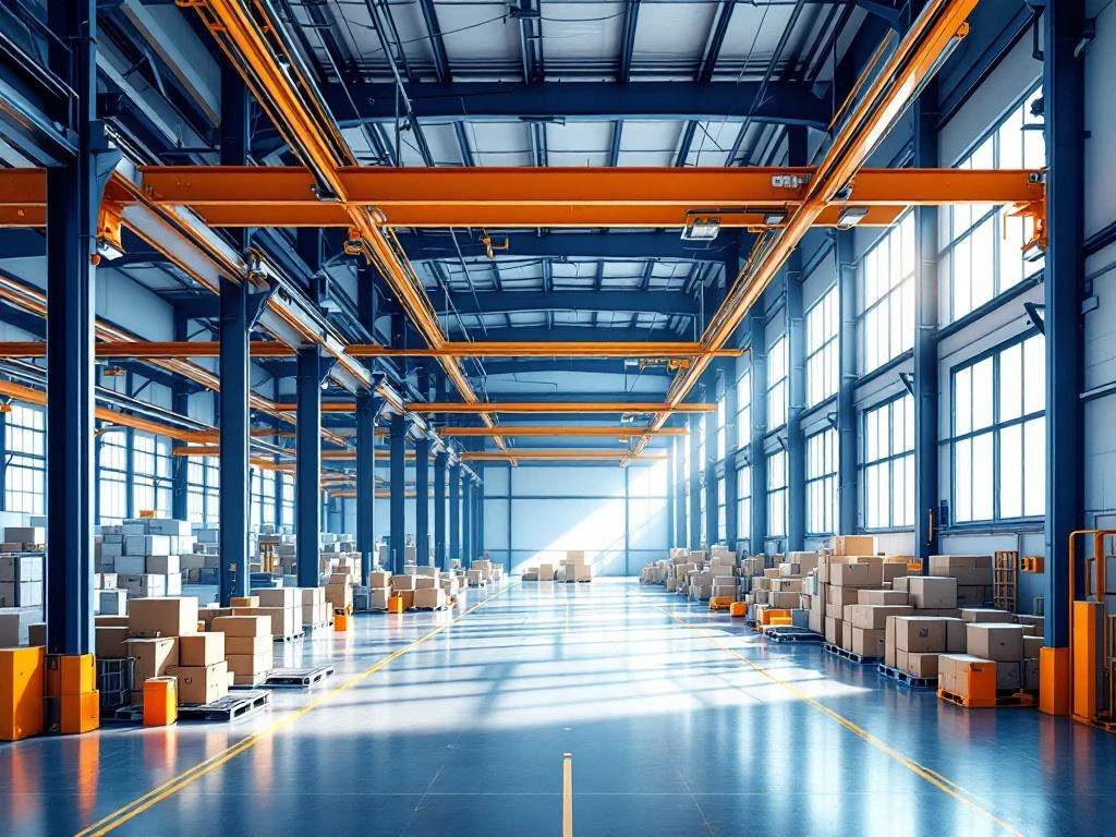 Moderne logistieke magazijn met donkerblauwe staalconstructie, oranje veiligheidsuitrusting en geautomatiseerde transportsystemen