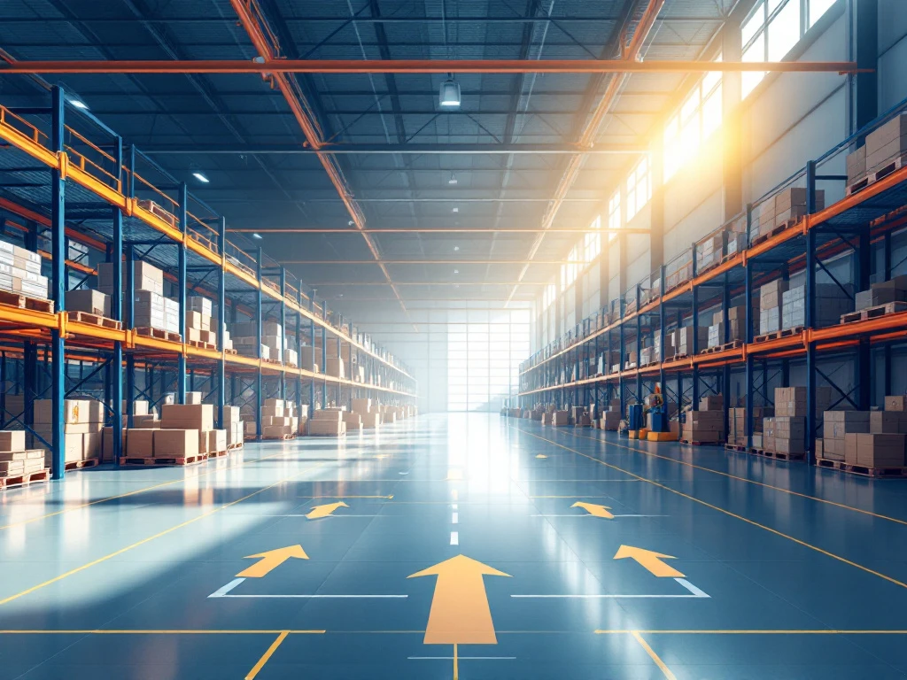 Moderne logistieke magazijn met geometrische stellingsystemen, transportbanden en oranje veiligheidselementen