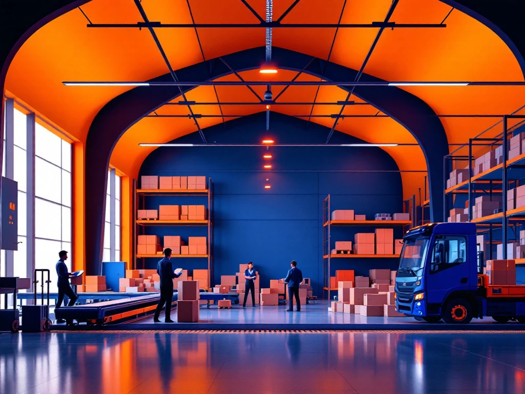 Moderne logistieke magazijn met transportbanden, werknemers en georganiseerde opslag in blauw-oranje kleurenschema