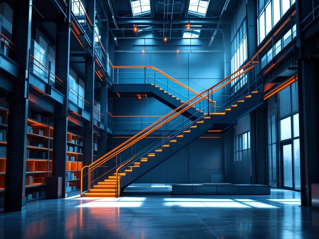 Moderne magazijninterieur met blauwe structuren en oranje verlichting, meerlagige loopbruggen symboliseren carrièregroei