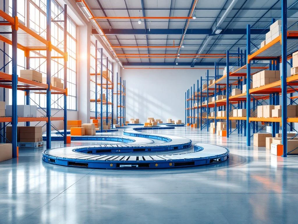 Moderne magazijnruimte met donkerblauwe stellingsystemen, oranje veiligheidsuitrusting en gebogen transportbanden