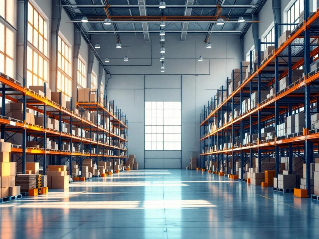 Moderne magazijn met geometrische stellingen, natuurlijk licht, blauwe apparatuur en oranje veiligheidselementen