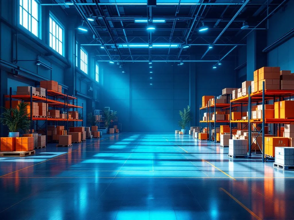 Modern magazijn met georganiseerde stellingsystemen, transportbanden en logistieke apparatuur in blauw met oranje accenten