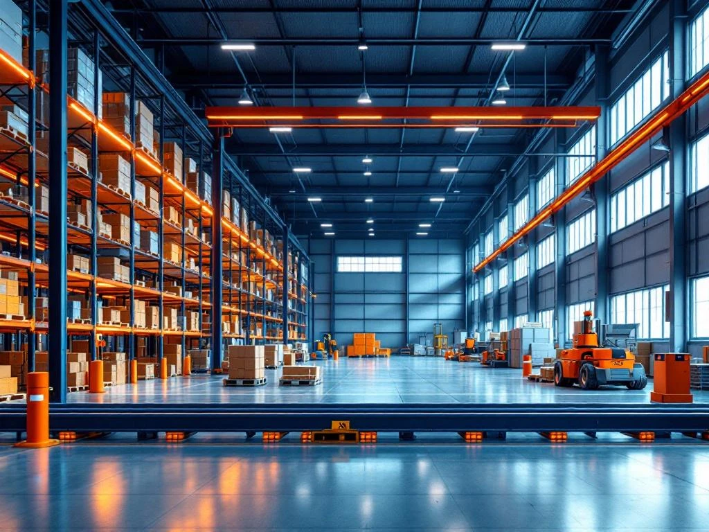 Moderne magazijnruimte met georganiseerde stellingsystemen, blauwe industriële architectuur en oranje veiligheidsverlichting