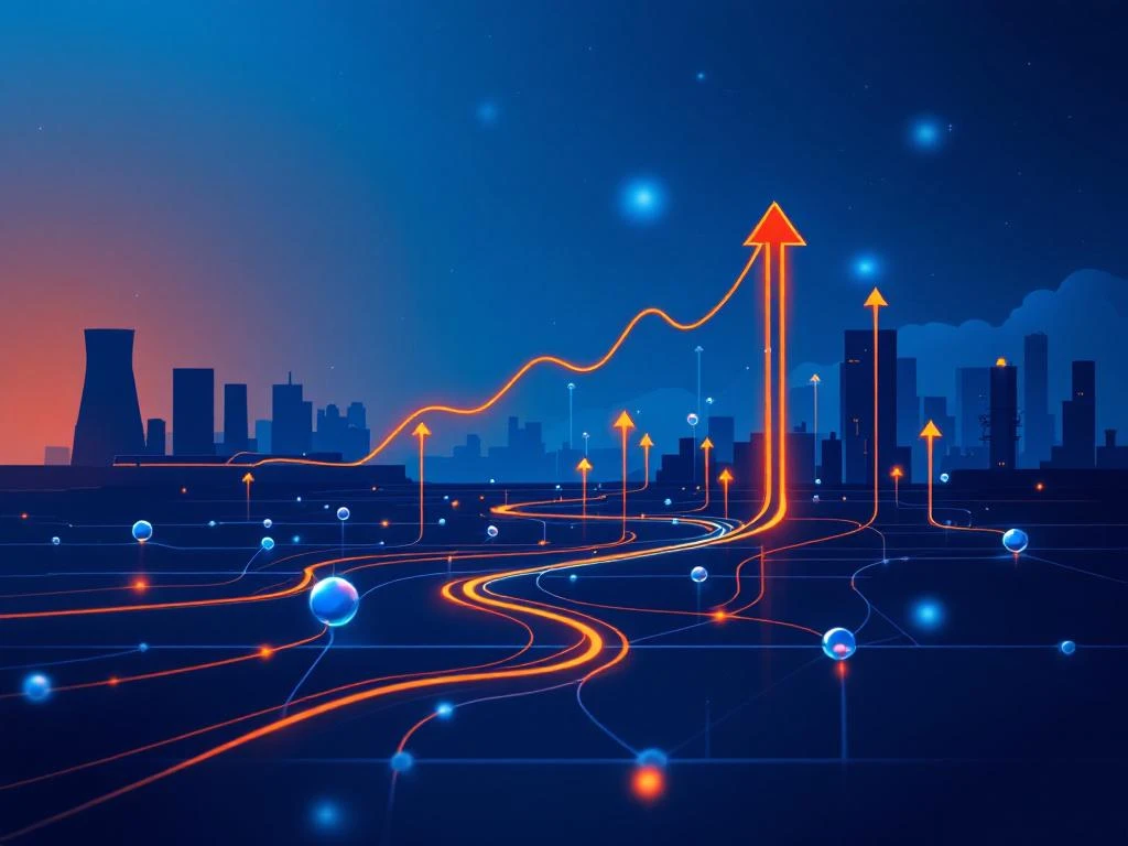 Minimalistische supply chain visualisatie met blauwe geometrische nodes en oranje verbindingslijnen die carrièregroei tonen