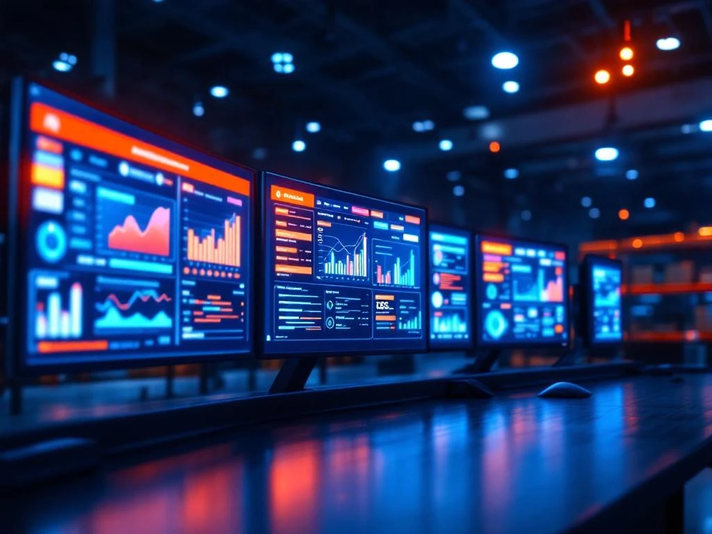 Moderne supply chain controlekamer met meerdere monitoren die logistieke data tonen, blauwe verlichting met oranje accenten