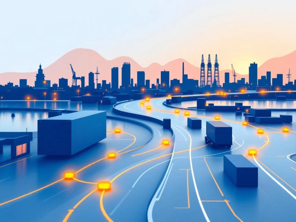 Minimalistische supply chain visualisatie met geometrische magazijnen en logistieke routes in blauw en oranje tinten