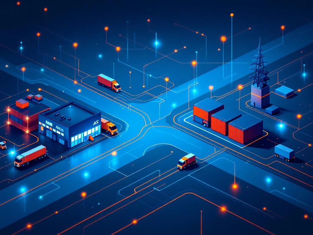 Moderne supply chain visualisatie met blauwe geometrische netwerken, oranje accenten en geïntegreerde warehouse silhouetten