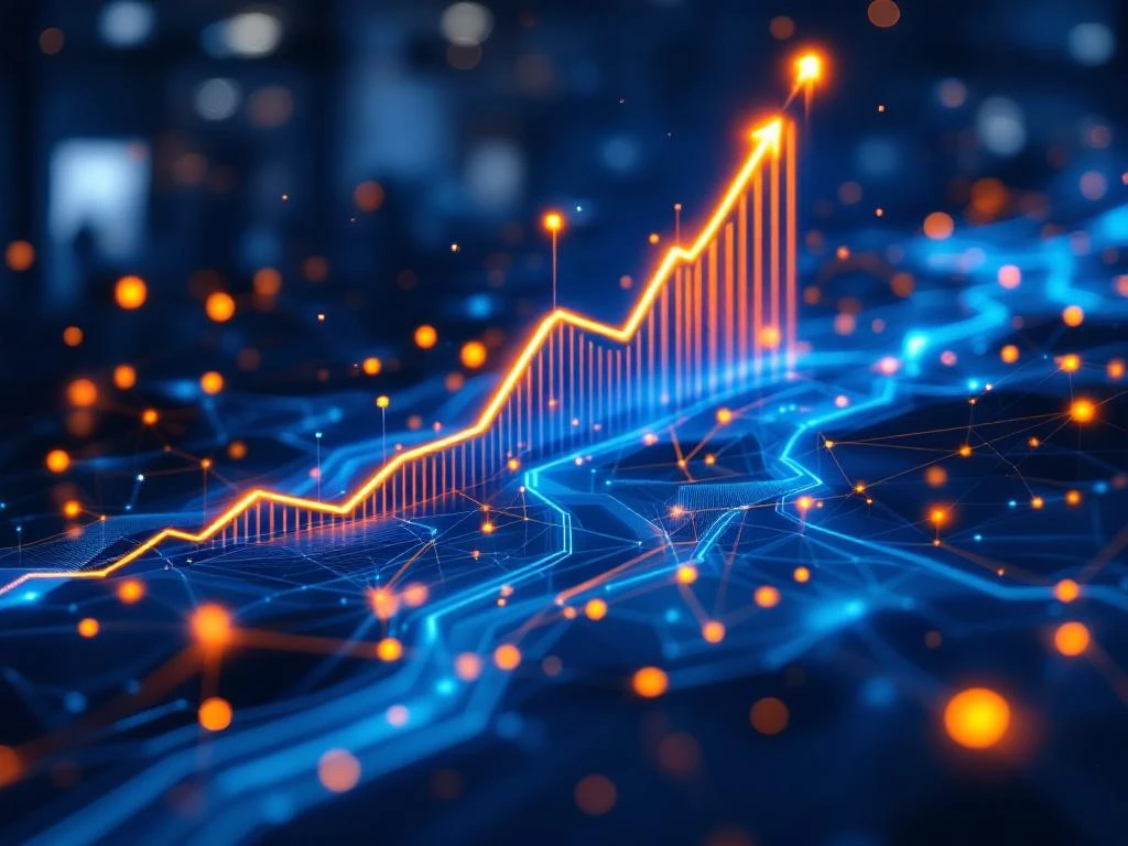 Supply chain visualisatie met verbonden knooppunten, datastroom en opwaartse grafieken in industriële werkruimte