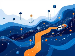 Supply chain visualisatie met geometrische flowcharts, logistieke iconen en dataknooppunten in blauw en oranje