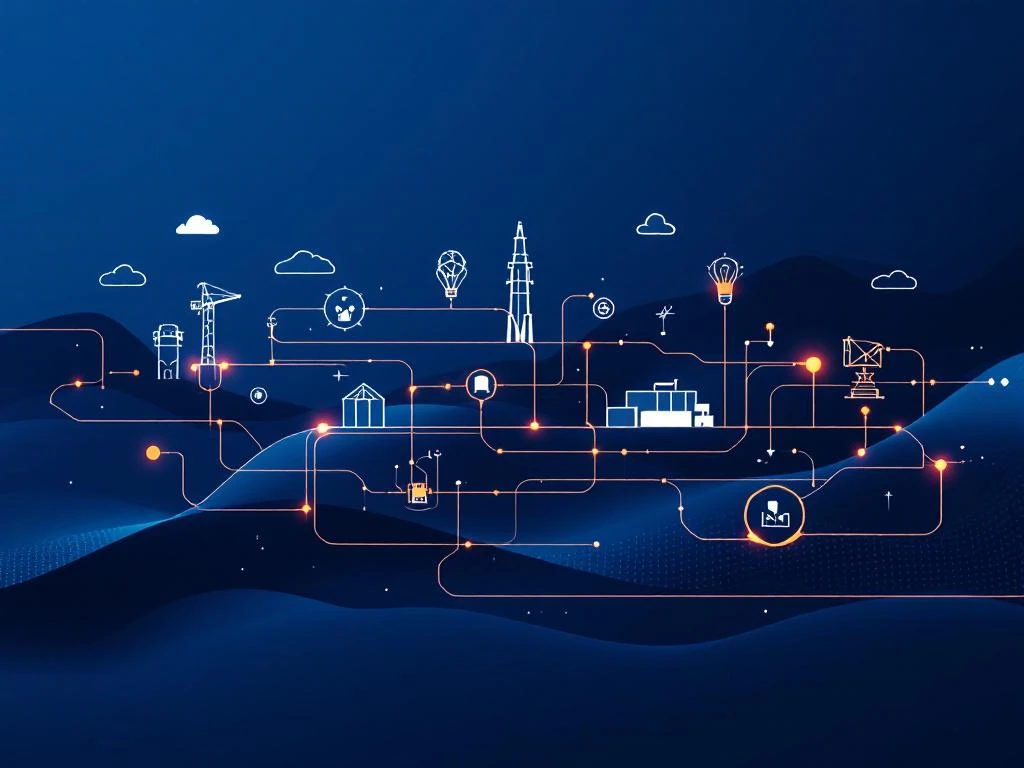 Minimalistische supply chain visualisatie met verbonden geometrische knooppunten in donkerblauw en oranje accenten