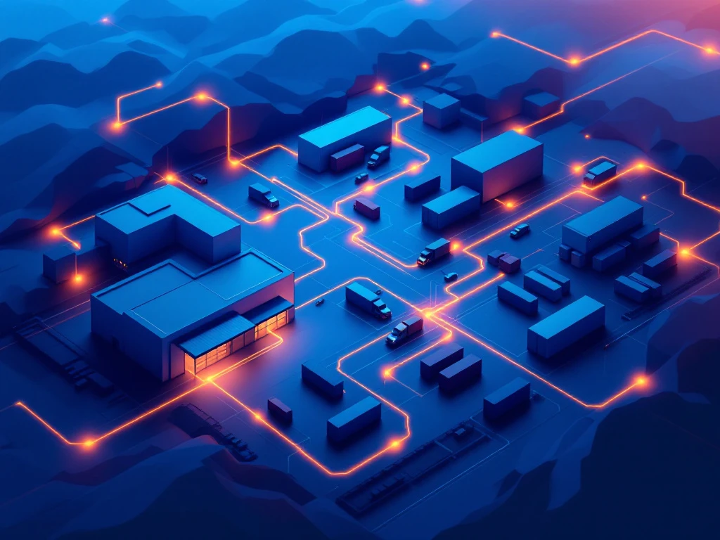 Moderne supply chain visualisatie met onderling verbonden geometrische knooppunten en logistieke elementen in blauw en oranje