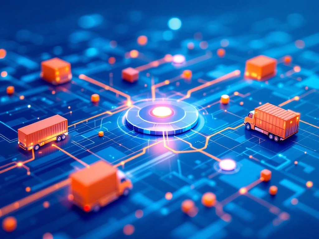 Supply chain netwerk visualisatie met blauwe geometrische knooppunten, oranje verbindingslijnen en logistiek iconen