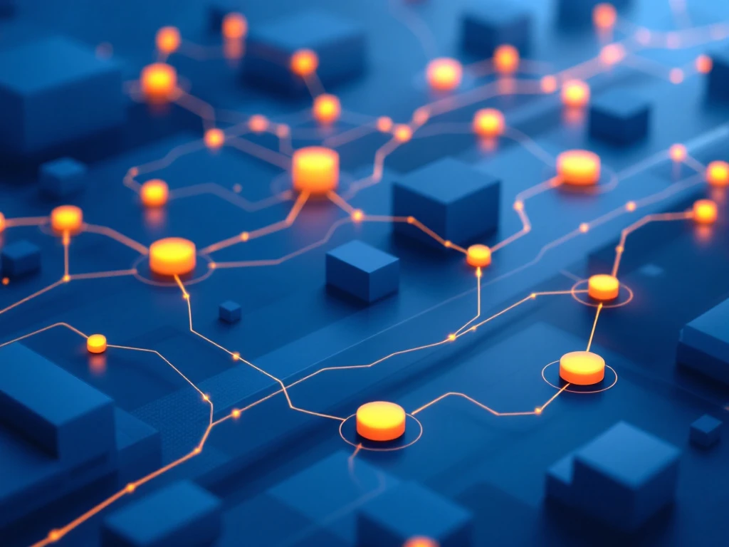 Moderne supply chain visualisatie met blauwe geometrische knooppunten, oranje verbindingslijnen en abstracte magazijnen