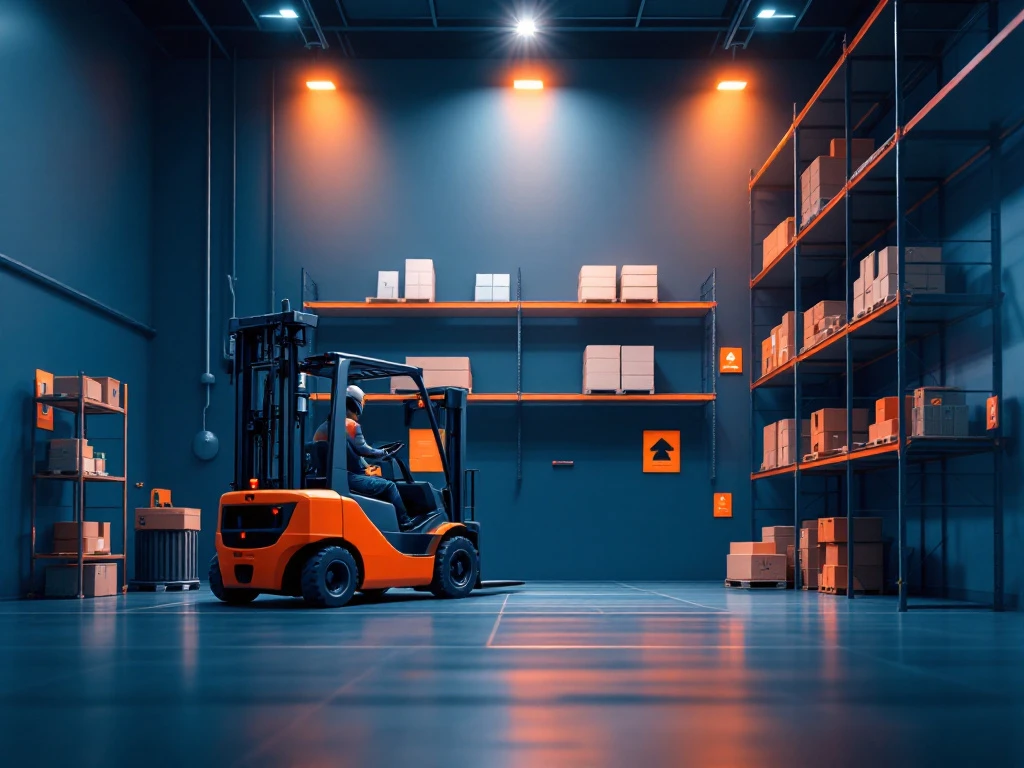 Vorkheftruck in beweging in moderne magazijnomgeving met oranje veiligheidselementen en blauwe achtergrond