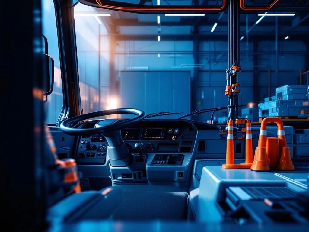Professionele vrachtwagenchauffeur werkplek met dashboard en stuur in moderne logistieke magazijnomgeving