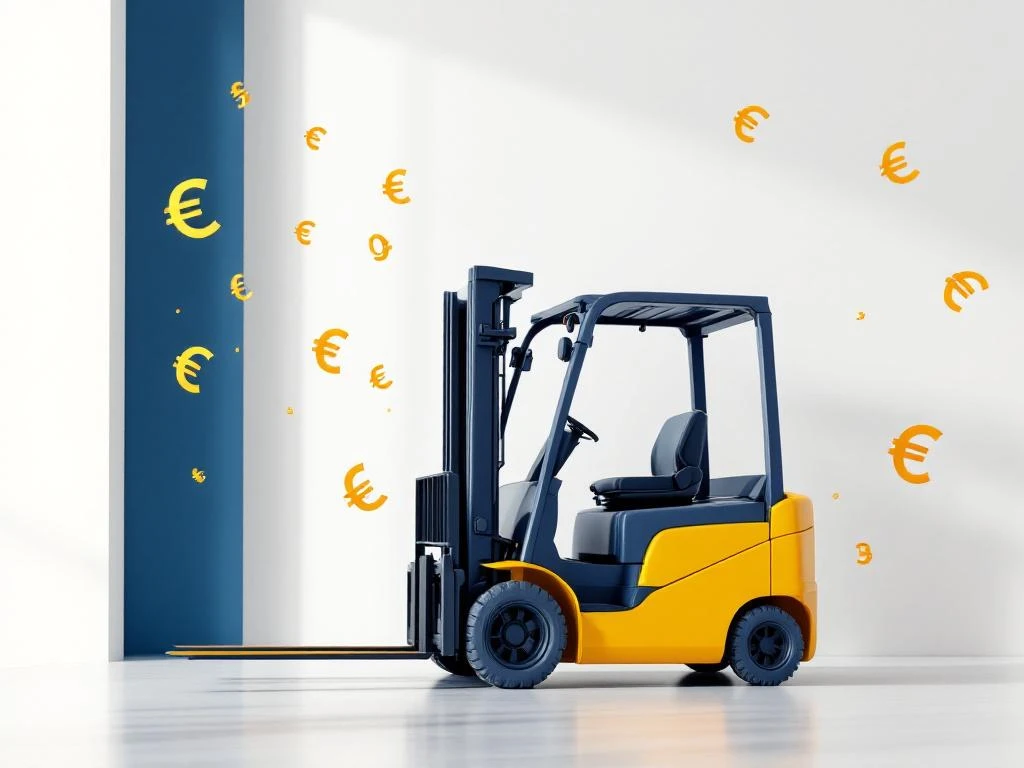 Gele vorkheftruck met zwevende eurosymbolen op witte achtergrond, geometrische vormen, financiële kansen concept
