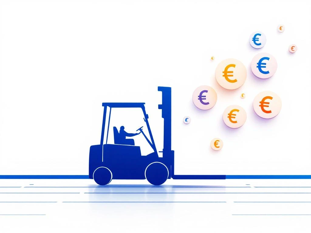 Vorkheftruck silhouet met euro symbolen en magazijnstellingen, salaris concept voor logistiek recruitment